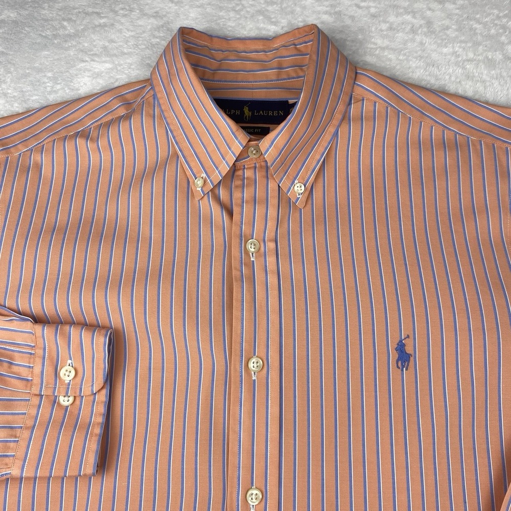 Ralph lauren Shirt Men's 15.5-32/33 Peach w/Blue Stripes Classic Fit